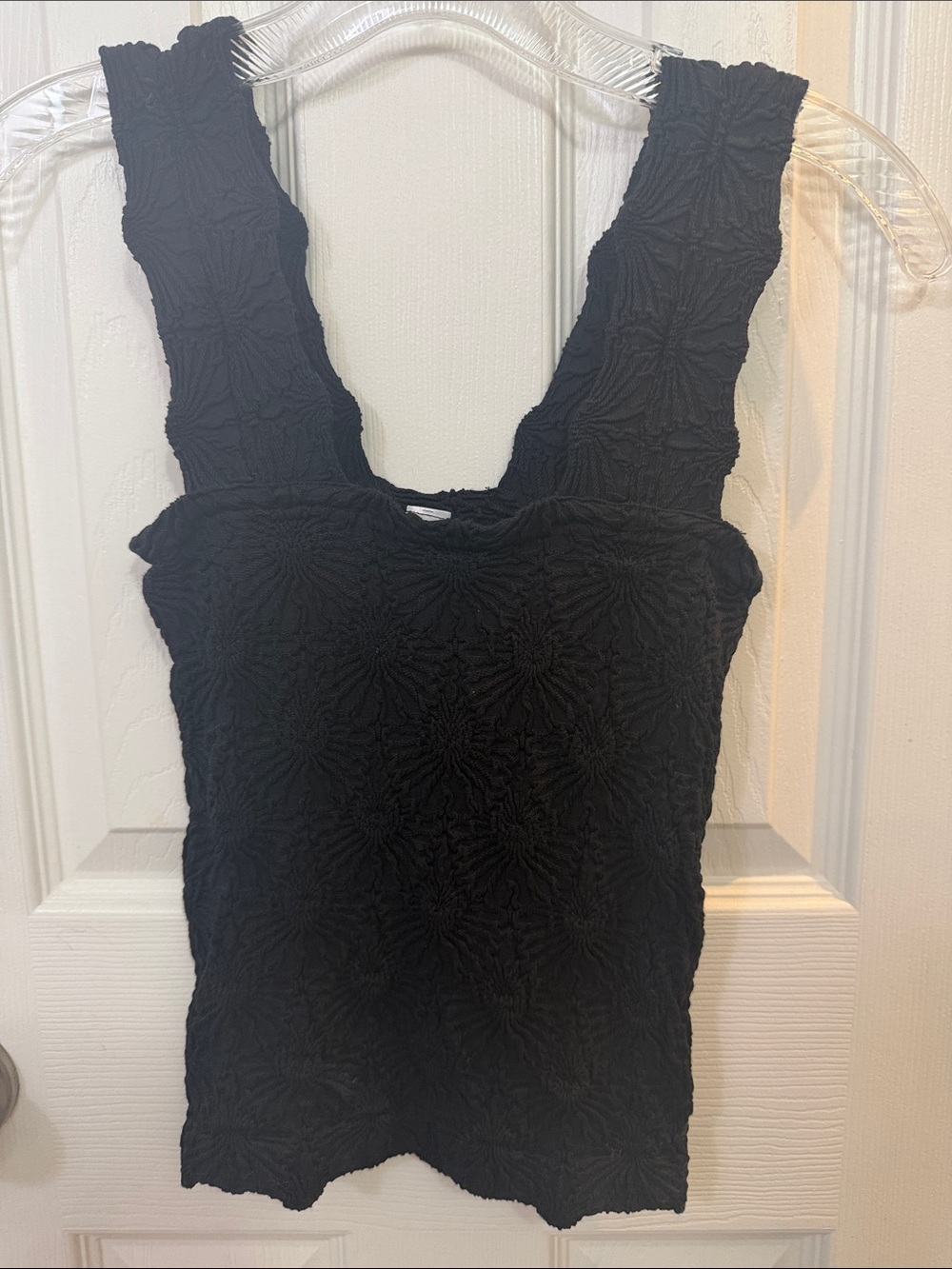 Black Textured Square-Neck Tank Top with Wide Straps